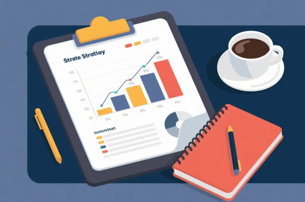 策略风格的赔率图表与笔记本，旁边有咖啡，现代扁平化设计