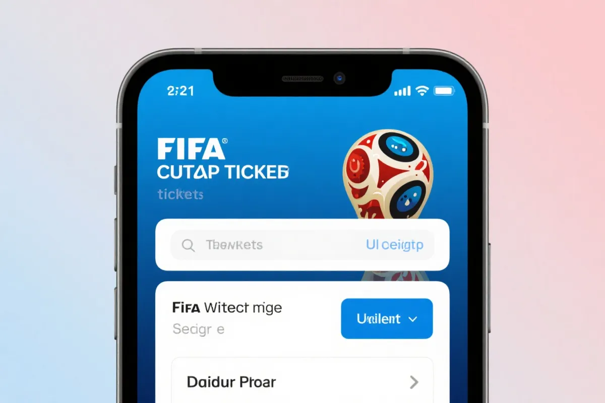 智能手机屏幕上显示的FIFA世界杯官方购票界面，现代感十足的UI设计
